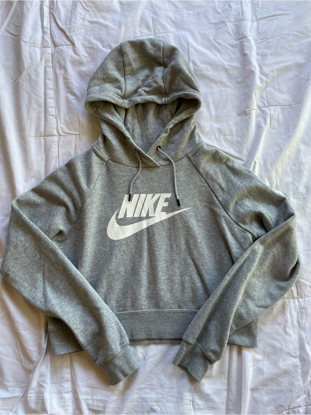 Nike Grey Cropped Pullover Hoodie with White Swoosh Size Medium
